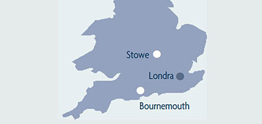 Mappa sud Inghilterra con le scuole Regent di Stowe e Bournemouth